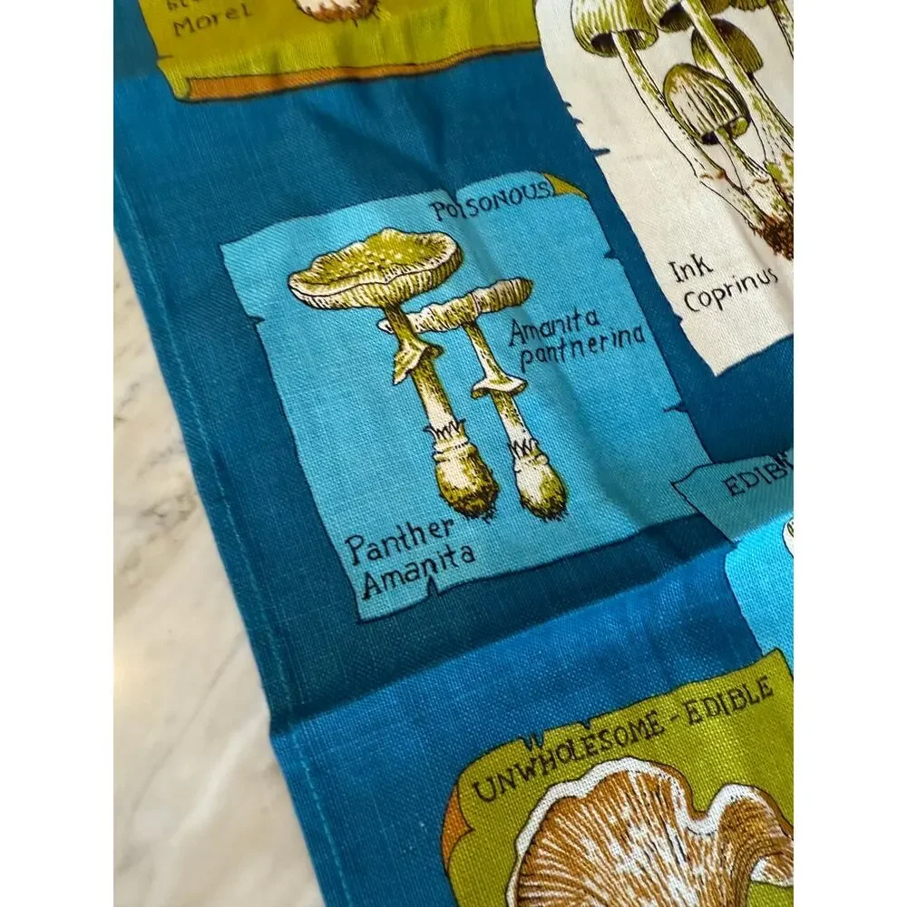 Vintage Mushroom Story Linen Tea Dish Towel Blue Green